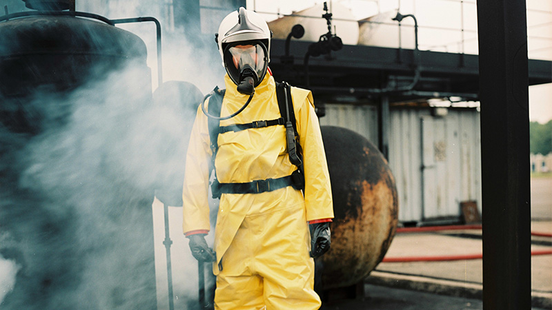 Workman in chemical protective clothing