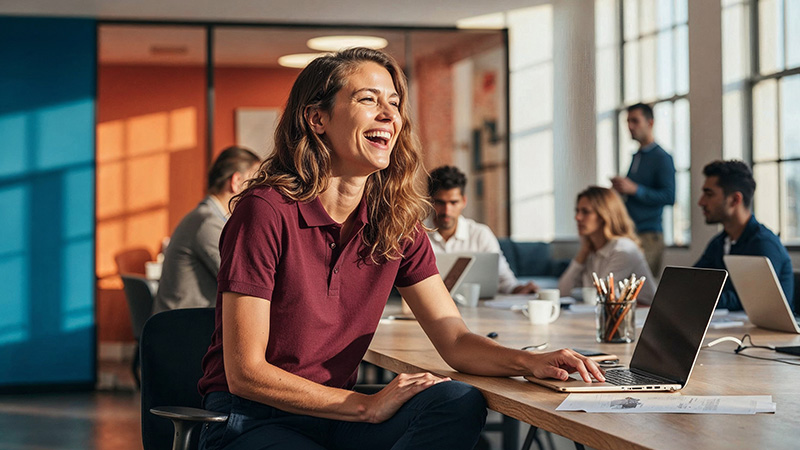 Lachende vrouw aan bureau, gekleed in een brick‑kleurige polo uit de Untagged Movement bedrijfskledingcollectie van Texet