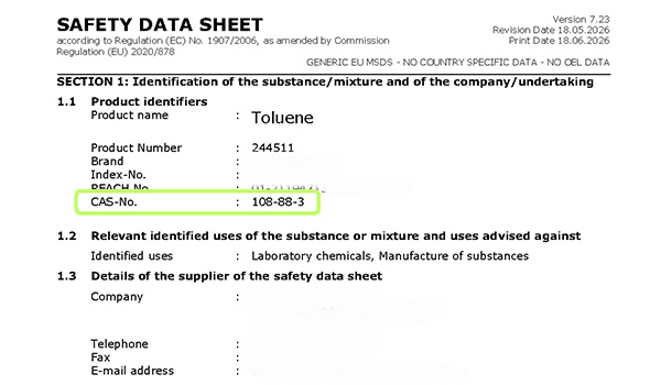 fiche de données de sécurité du toluène avec le numéro CAS 108-88-3